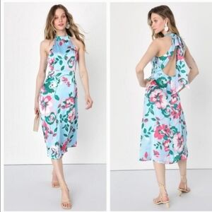 Lulu's Charming Celebrations Light Blue Floral Halter Midi Dress NWOT